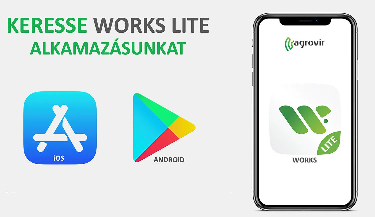 Keresse Works Lite alkalmazásunkat iOS-re és Androidra – az AgroVIR Works Lite ikonja egy okostelefonon