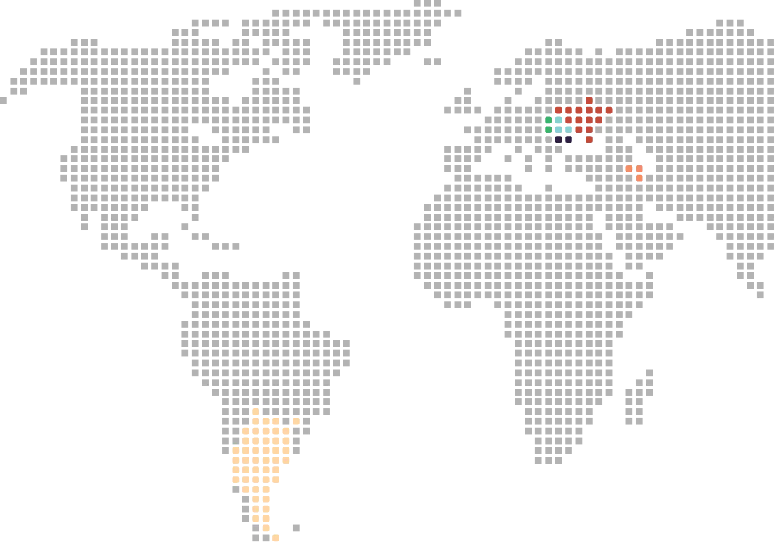 Mapa sveta znázorňujúca pôsobenie AgroVIR v strednej a východnej Európe, Južnej Amerike a na Strednom východe