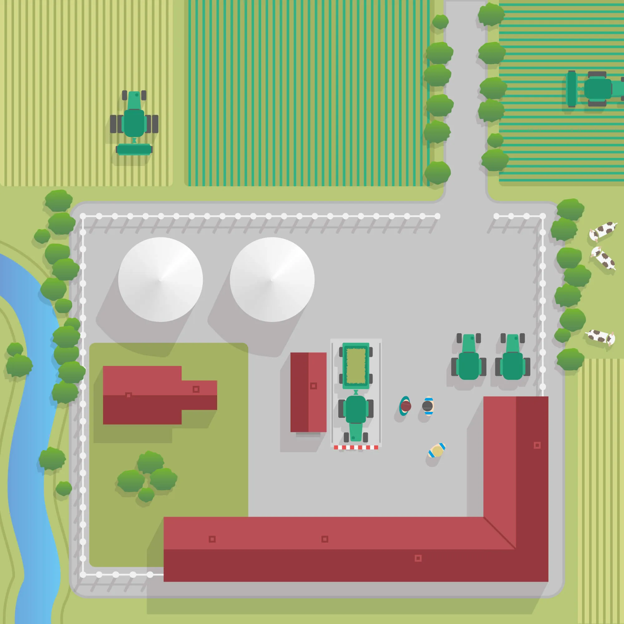 Illustrated farm from above with fields, machinery, silos, buildings, staff and livestock