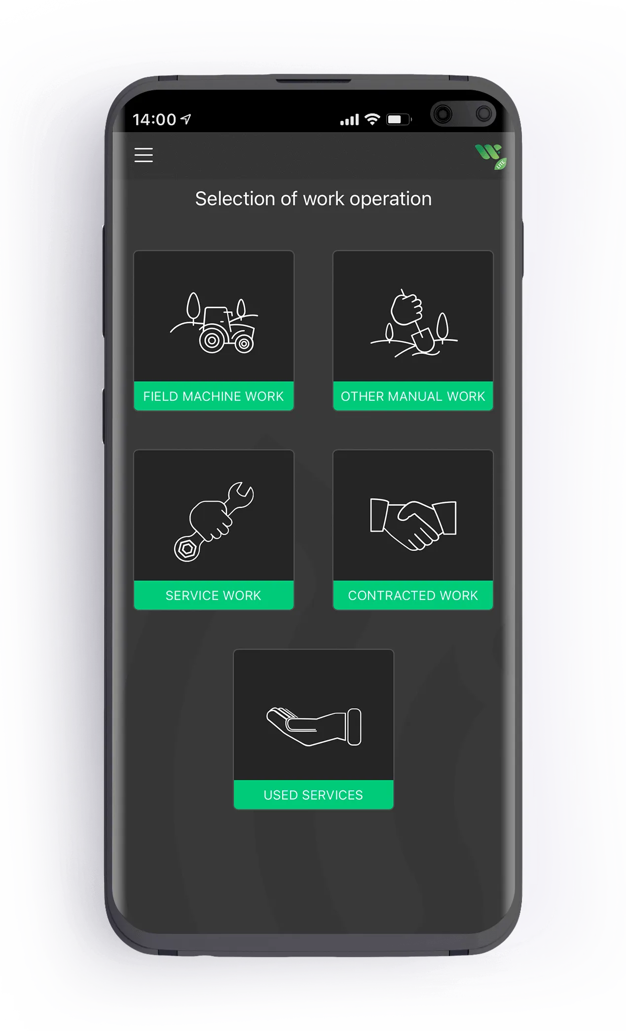 AgroVIR Works App auf dem Smartphone: Auswahl der Arbeitsart, etwa Maschinenarbeit, Handarbeit oder Lohnarbeit