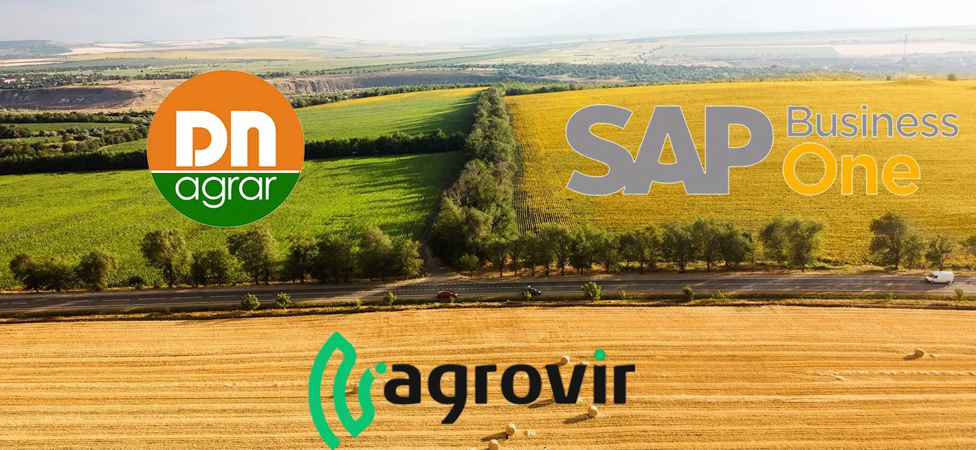 A DN Agrar, az SAP Business One és az AgroVIR logója mezőgazdasági táj légifotóján