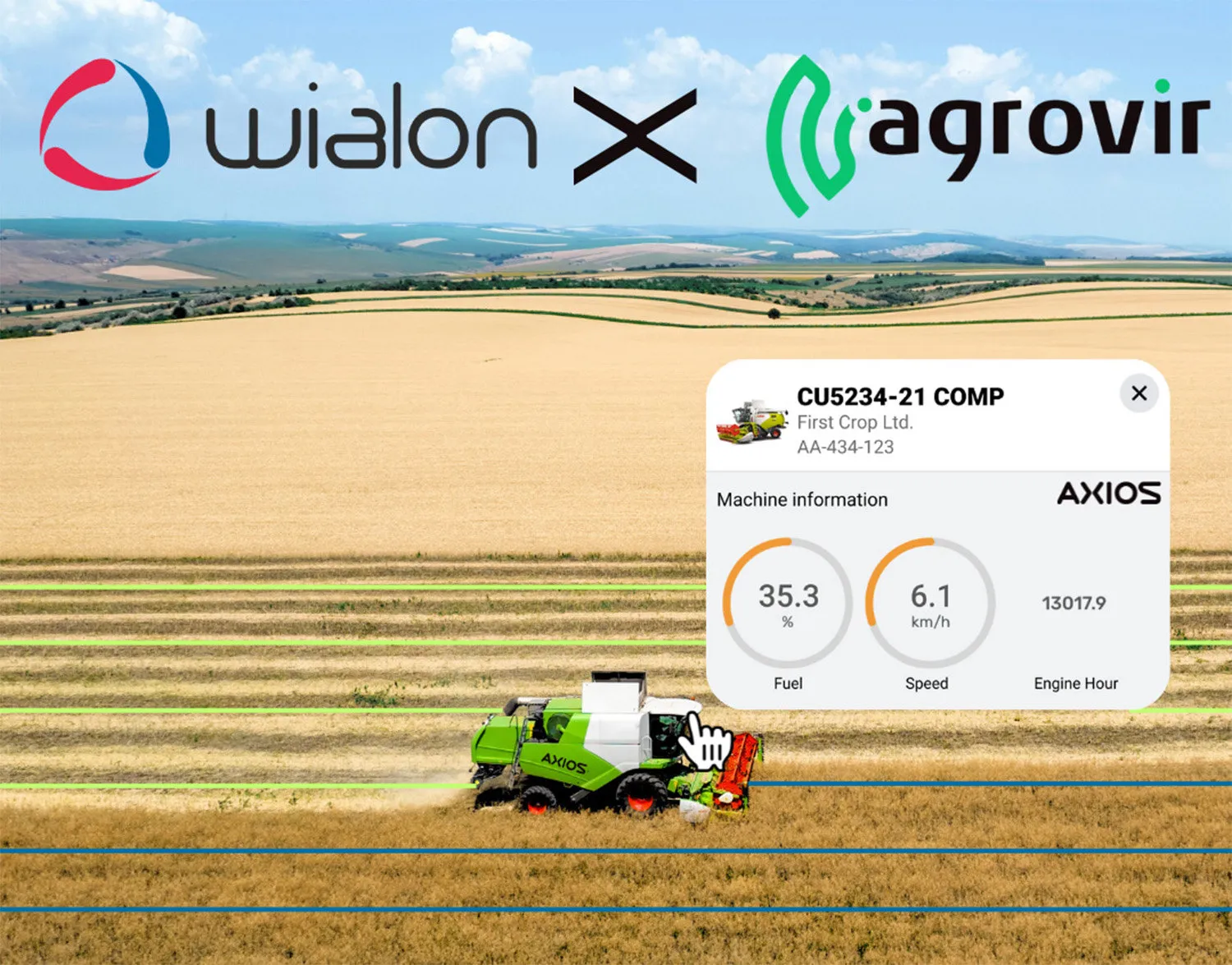 Wialon x AgroVIR: AXIOS kombájn búzatáblán, üzemanyag-, sebesség- és üzemóra-adatokkal