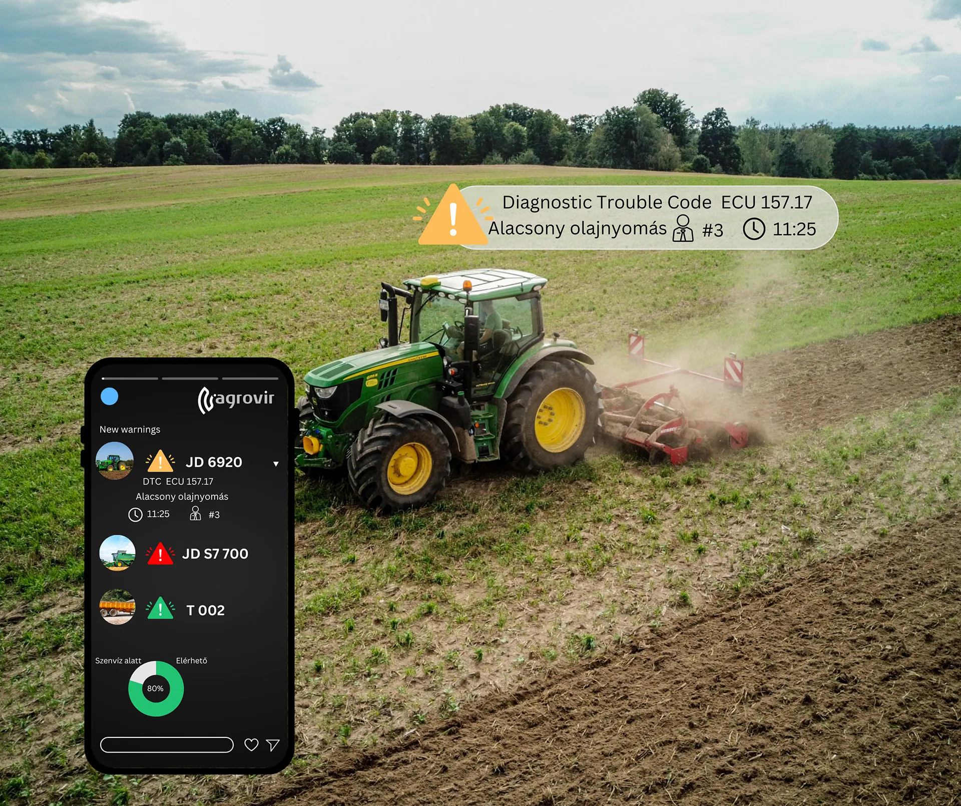 Talajművelő traktor és az AgroVIR mobil gépfigyelmeztetései, pl. alacsony olajnyomás hibakód