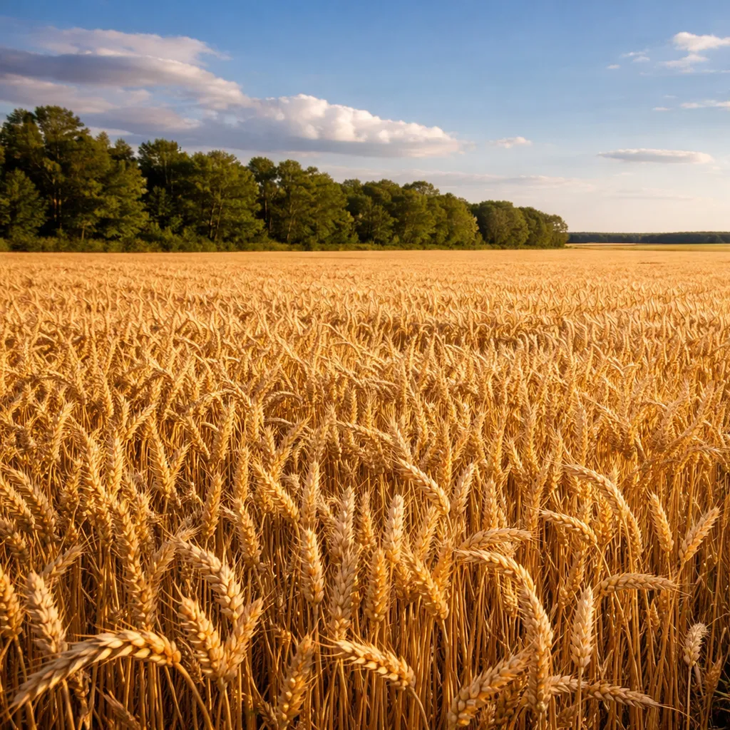 Reifes, goldgelbes Weizenfeld mit Waldrand unter blauem Himmel