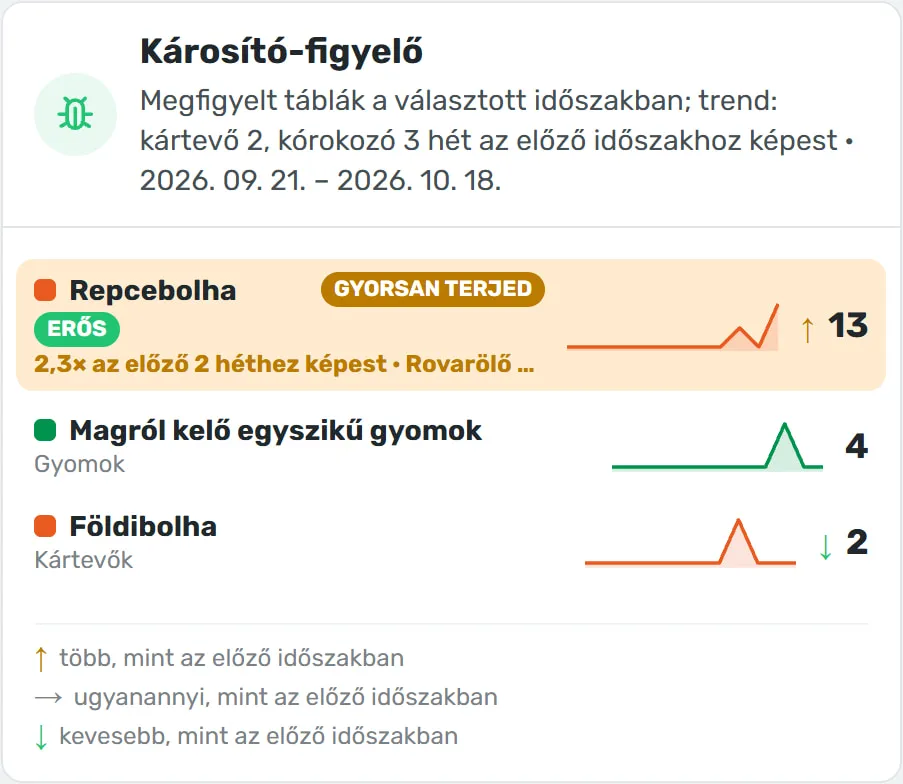 Az AgroVIR Platform Károsító-figyelője: Bács-Kiskun megyében a repcebolhát figyelték meg a legtöbb táblán 2026. szeptember 21. és október 18. között